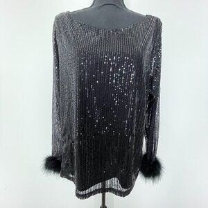 Ashley Stewart Black Sequin Boa Cuff Sleeve Top Size 18/20